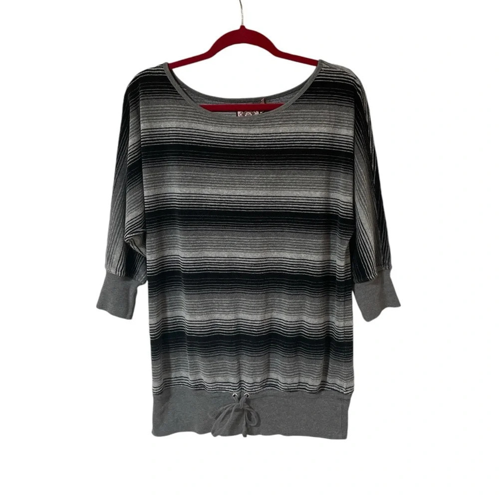 Juicy Couture Top Striped Terry Knit Size L Gray Black Sweater Drawstring Hem